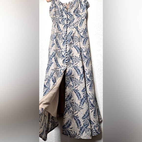 Womens Palm Print Midi Dress Medium Blue White Tropical Leaf Button Up Vacation - Picture 10 of 14